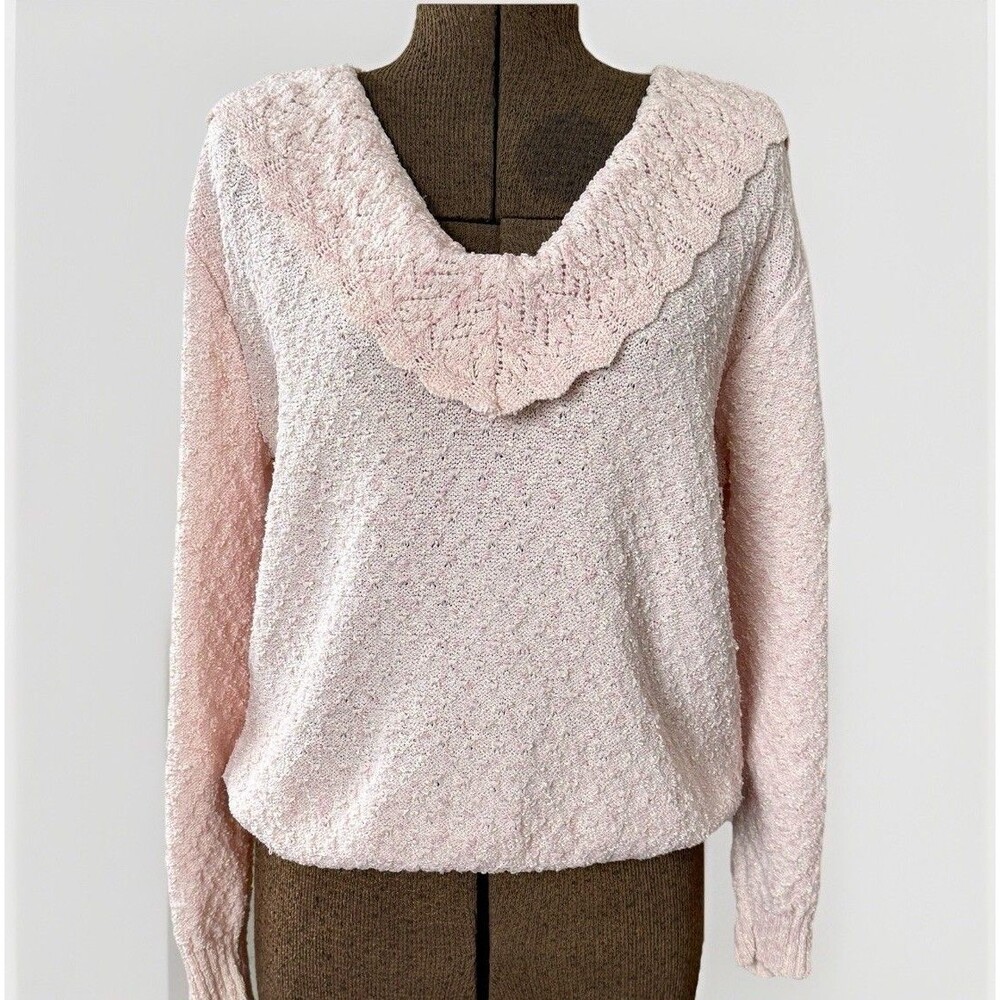 Vintage 80/90s Arielle NY Pink Textured Knit Sweater Scalloped Bib Collar USA